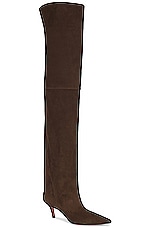 AMINA MUADDI Fiona Suede Thigh High 60 Boot in Coffee, view 2, click to view large image.