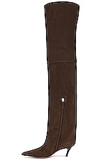 AMINA MUADDI Fiona Suede Thigh High 60 Boot in Coffee, view 5, click to view large image.