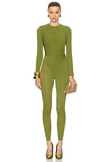 Alex Perry Long Sleeve Twist Catsuit in Fern, view 1, click to view large image.