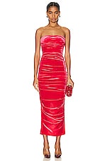 Alex Perry Parkin Velvet Tucked Strapless Dress in Red, view 1, click to view large image.