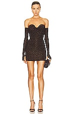Alex Perry Crystal Koda Ruched Cup Wrap Glove Mini Dress in Brown, view 1, click to view large image.