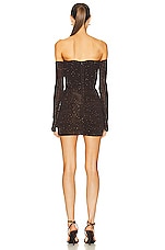 Alex Perry Crystal Koda Ruched Cup Wrap Glove Mini Dress in Brown, view 4, click to view large image.