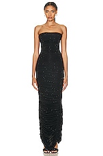 Alex Perry Crystal Hyland Strapless Ruched Glove Column Dress in Black, view 2, click to view large image.