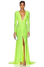 Alex Perry Dalton V Neck Long Sleeve Ruched Gown in Neon Yellow, view 1, click to view large image.