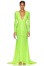 Alex Perry Dalton V Neck Long Sleeve Ruched Gown in Neon Yellow, view 2, click to view large image.