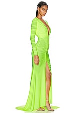 Alex Perry Dalton V Neck Long Sleeve Ruched Gown in Neon Yellow, view 3, click to view large image.