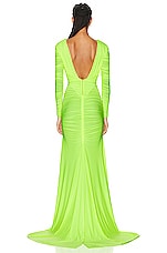 Alex Perry Dalton V Neck Long Sleeve Ruched Gown in Neon Yellow, view 4, click to view large image.