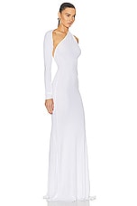 Alex Perry One Sleeve Wrap Ruched Gown in White, view 2, click to view large image.