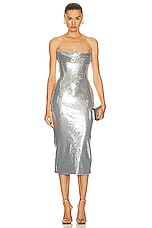 Alex Perry Sequin Curved Strapless Drape Dress in Silver, view 1, click to view large image.