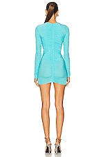 Alex Perry Long Sleeve Ruched Crystal Mini Dress in Aquamarine, view 3, click to view large image.