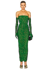 Alex Perry Strapless Ruched Crystal Column Glove Dress in Emerald, view 1, click to view large image.