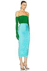 Alex Perry Strapless Ruched Glove Dress in Emerald & Aquamarine, view 2, click to view large image.