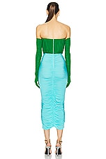 Alex Perry Strapless Ruched Glove Dress in Emerald & Aquamarine, view 3, click to view large image.