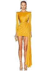 Alex Perry Long Sleeve Twist Satin Mini Dress in Gold, view 1, click to view large image.