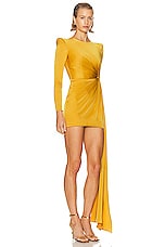 Alex Perry Long Sleeve Twist Satin Mini Dress in Gold, view 2, click to view large image.