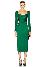 Alex Perry Long Sleeve Satin Drape Corset Dress in Emerald, view 1, click to view large image.