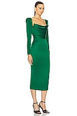 Alex Perry Long Sleeve Satin Drape Corset Dress in Emerald, view 2, click to view large image.