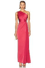 Alex Perry One Shoulder Twist Satin Column Dress in Garnet Rose, view 1, click to view large image.