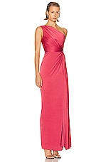 Alex Perry One Shoulder Twist Satin Column Dress in Garnet Rose, view 2, click to view large image.