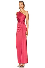 Alex Perry One Shoulder Twist Satin Column Dress in Garnet Rose, view 3, click to view large image.
