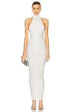 Alex Perry Crystal Turtleneck Ruched Column Dress in White, view 1, click to view large image.