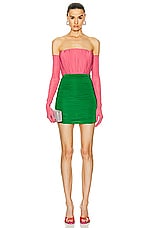 Alex Perry Strapless Ruched Glove Mini Dress in Garnet Rose & Emerald, view 1, click to view large image.