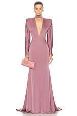 Alex Perry Long Sleeve V Neck Gown in Mauve, view 1, click to view large image.