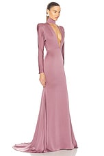 Alex Perry Long Sleeve V Neck Gown in Mauve, view 2, click to view large image.
