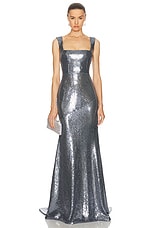 Alex Perry Square Neck Sequined Gown in Steel, view 1, click to view large image.