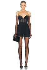 Alex Perry Ruched Mesh Bustier Mini Dress in Black, view 1, click to view large image.