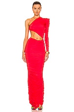 Alex Perry Channing Ruched One Shoulder Knot Column Dress in Tangerine, view 1, click to view large image.