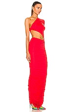 Alex Perry Channing Ruched One Shoulder Knot Column Dress in Tangerine, view 2, click to view large image.