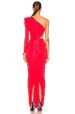 Alex Perry Channing Ruched One Shoulder Knot Column Dress in Tangerine, view 4, click to view large image.