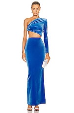 Alex Perry Velvet Harding One Shoulder Knot Column Dress in Blue, view 1, click to view large image.