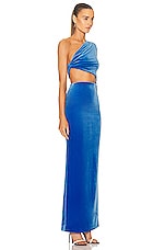 Alex Perry Velvet Harding One Shoulder Knot Column Dress in Blue, view 2, click to view large image.