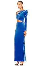 Alex Perry Velvet Harding One Shoulder Knot Column Dress in Blue, view 3, click to view large image.
