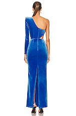 Alex Perry Velvet Harding One Shoulder Knot Column Dress in Blue, view 4, click to view large image.
