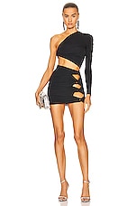 Alex Perry Keats Ruched One Shoulder Knot Mini Dress in Black, view 1, click to view large image.