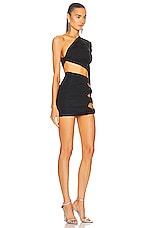Alex Perry Keats Ruched One Shoulder Knot Mini Dress in Black, view 2, click to view large image.
