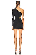Alex Perry Keats Ruched One Shoulder Knot Mini Dress in Black, view 4, click to view large image.