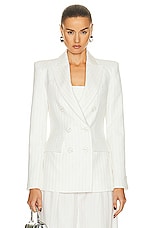 Alex Perry Pinstripe Fitted Double Breasted Blazer in White, view 1, click to view large image.