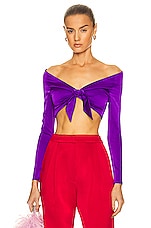 Alex Perry Ford Off Shoulder Bow Tie Crop Top in Purple, view 1, click to view large image.