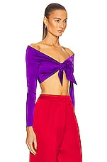 Alex Perry Ford Off Shoulder Bow Tie Crop Top in Purple, view 2, click to view large image.