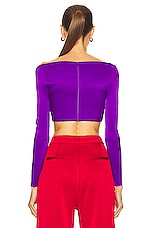 Alex Perry Ford Off Shoulder Bow Tie Crop Top in Purple, view 3, click to view large image.