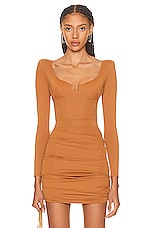 Alex Perry Della Long Sleeve Scoop Cup Bodysuit in Brown, view 1, click to view large image.