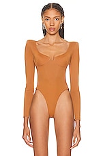 Alex Perry Della Long Sleeve Scoop Cup Bodysuit in Brown, view 2, click to view large image.