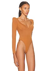 Alex Perry Della Long Sleeve Scoop Cup Bodysuit in Brown, view 3, click to view large image.