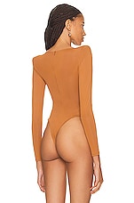 Alex Perry Della Long Sleeve Scoop Cup Bodysuit in Brown, view 4, click to view large image.
