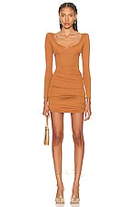 Alex Perry Della Long Sleeve Scoop Cup Bodysuit in Brown, view 5, click to view large image.