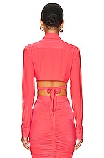 Alex Perry Caden Tie Front Crop Shirt in Strawberry, view 3, click to view large image.
